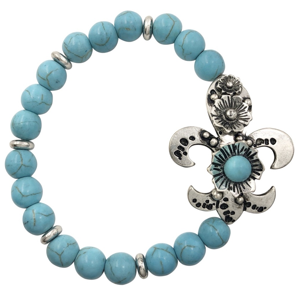 Flower Power Fleur De Lis Turquoise Bead Stretch Bracelet